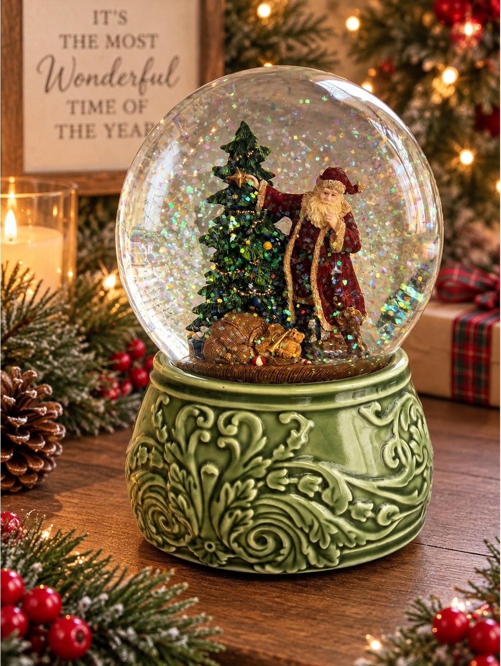 Rare Large 8” Santa Christmas Tree Snow Globe Glitter Green Holiday Decor